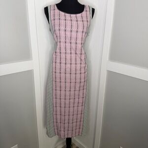 Aurelia Kurta Tunic Dress Women Large Pink Grey Cotton Geometric Pinstripe Slit